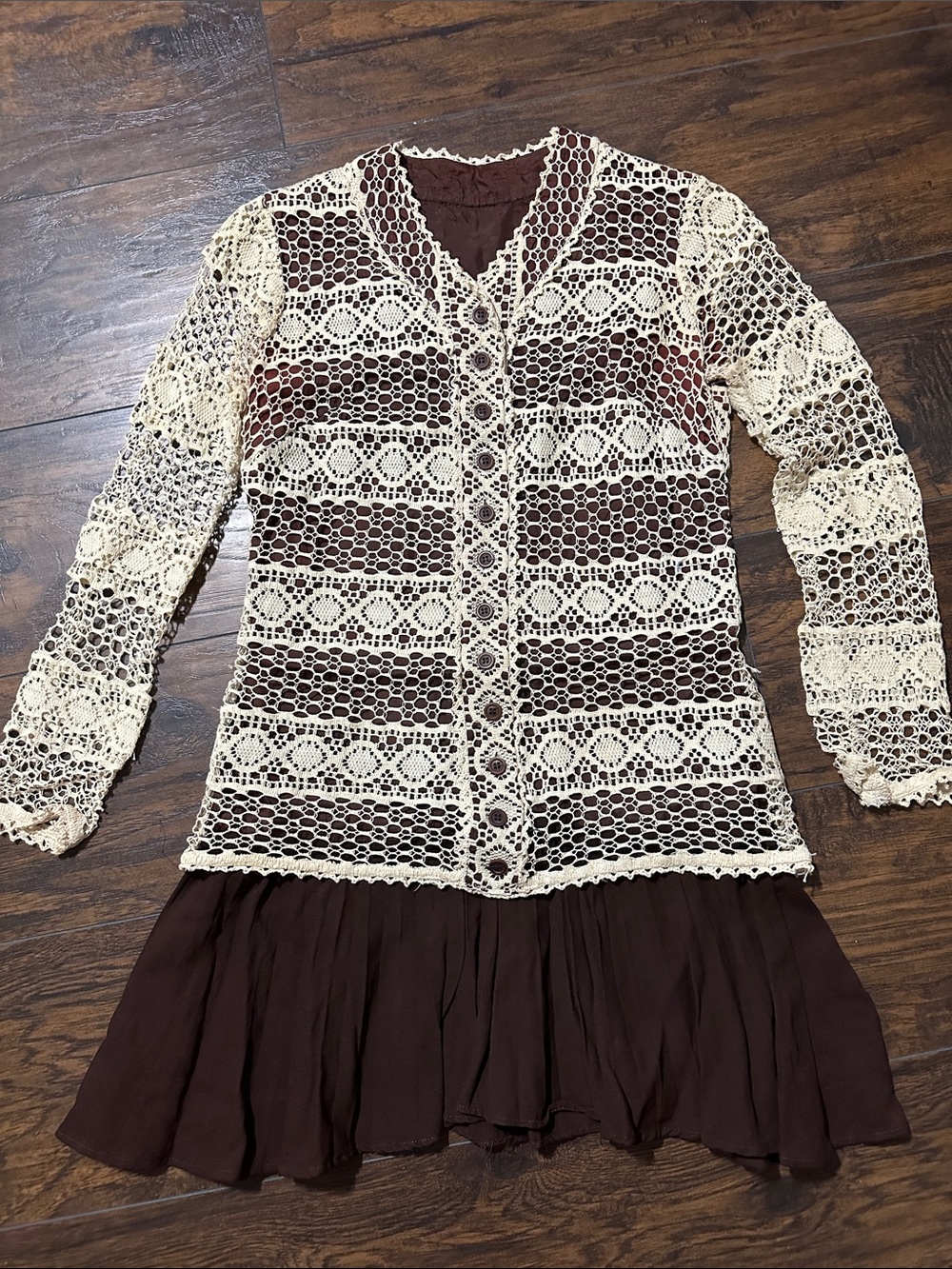 Vintage Cream Crochet Cardigan Over Brown Slip Dress